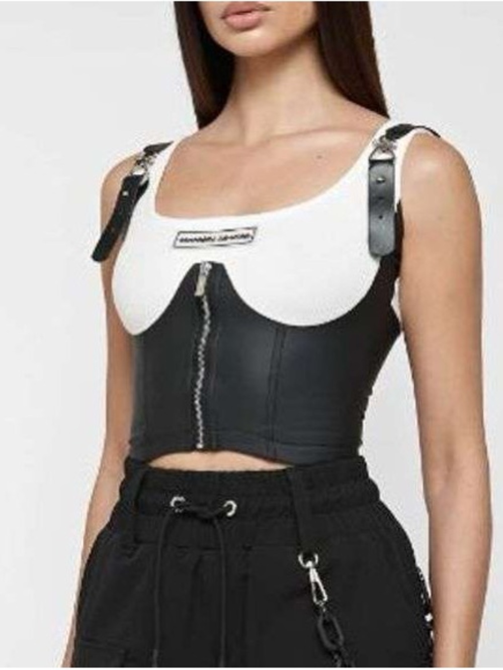 Manière De Voir: Black White Colorblock Ribbed Zip Front Crop Tank, 6